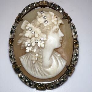 Vintage 800 silver carved shell Bacchante cameo marcasite rhinestones brooch